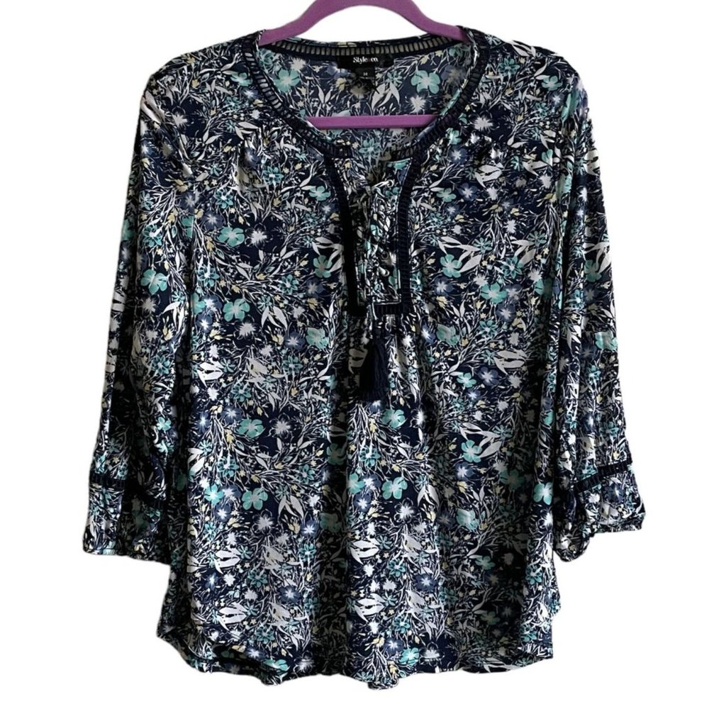 4/$25 Style & Co Top Floral Tassel Tie Blue Peasant Boho Blouse Womens Sz‎ M